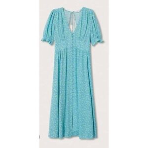 Mango Floral Midi Dress 2XL Blue Green Button Front Autumn Wedding Guest New